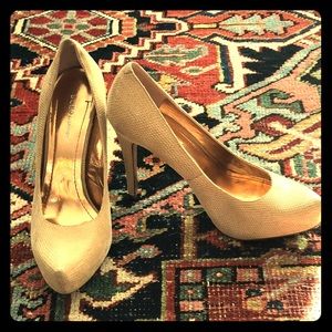 BCBG nude snake skin like heels